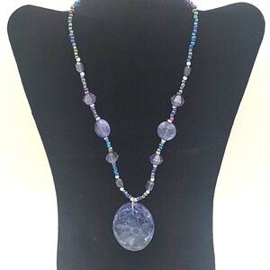Vintage Beaded Necklace with Large Oval Medallion Blue Gray Color